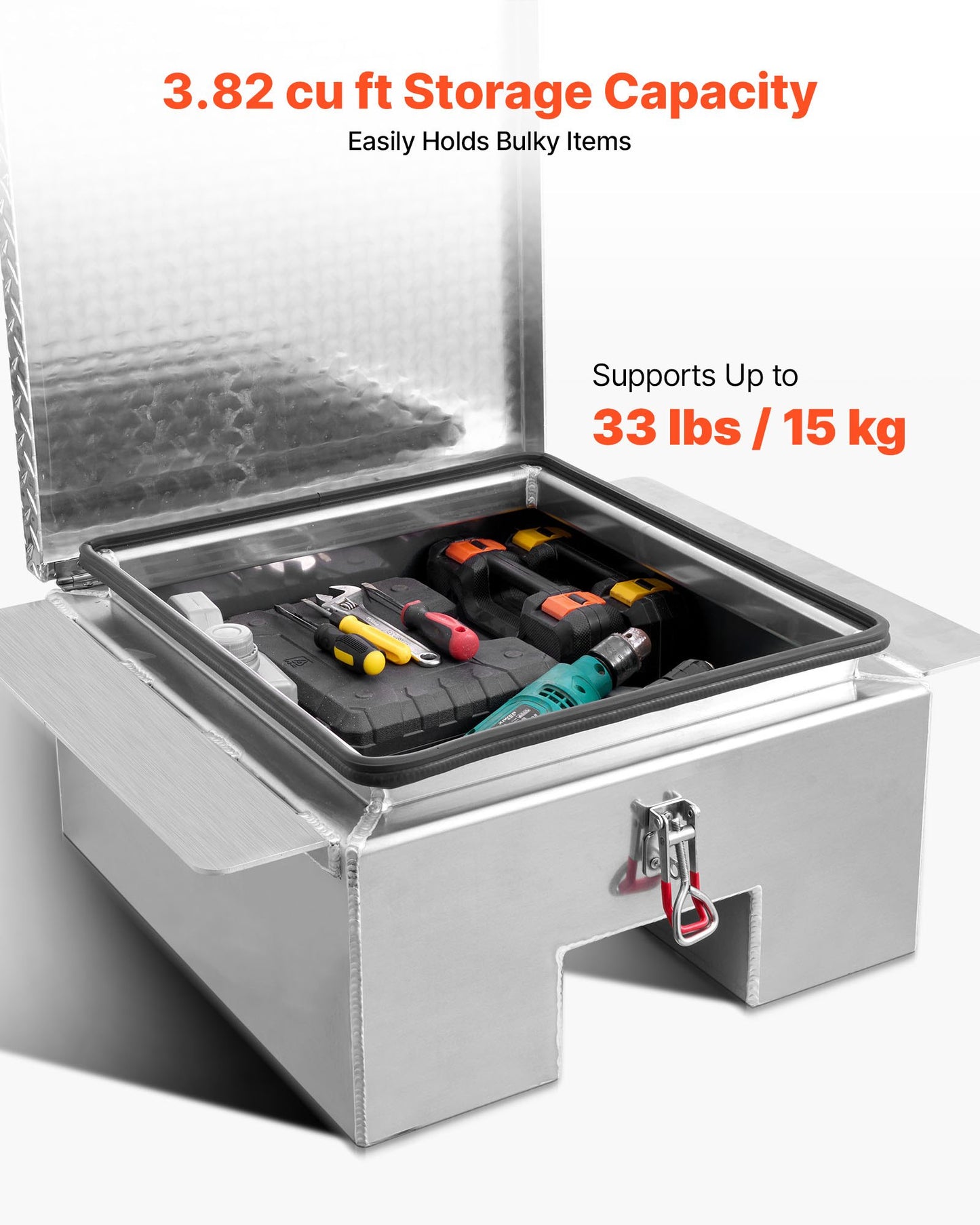 Truck Bed Tool Box, Heavy Duty Aluminum Tool Box with Diamond Plate, Storage Toolbox Chest Organizer Supports up to 100 kg, Ideal for Pickup, Truck Bed, RV, Trailer, 770 x 610 x 310 mm, Silver