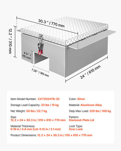 Truck Bed Tool Box, Heavy Duty Aluminum Tool Box with Diamond Plate, Storage Toolbox Chest Organizer Supports up to 100 kg, Ideal for Pickup, Truck Bed, RV, Trailer, 770 x 610 x 310 mm, Silver