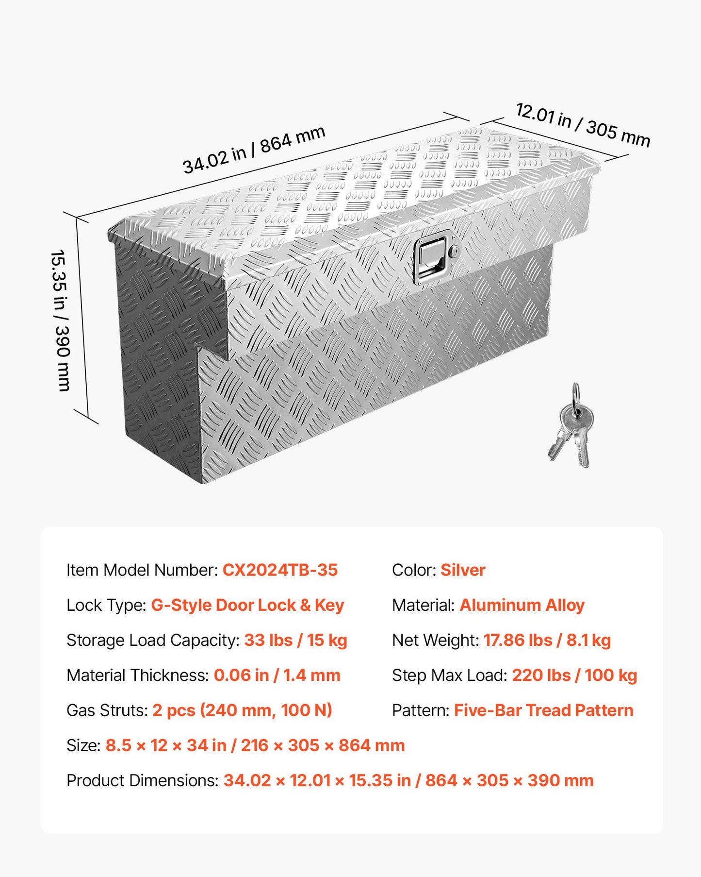 Truck Bed Tool Box, Heavy Duty Aluminum Tool Box with Tread Patterns, Storage Toolbox Chest Organizer with Lock and Key, Ideal for Pickup, Truck Bed, RV, Trailer, 864 x 305 x 390 mm, Silver