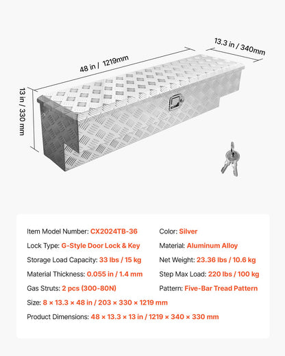 Truck Bed Tool Box, Heavy Duty Aluminum Tool Box with Tread Patterns, Storage Toolbox Chest Organizer with Lock and Key, Ideal for Pickup, Truck Bed, RV, Trailer, 1219 x 340 x 330 mm, Silver