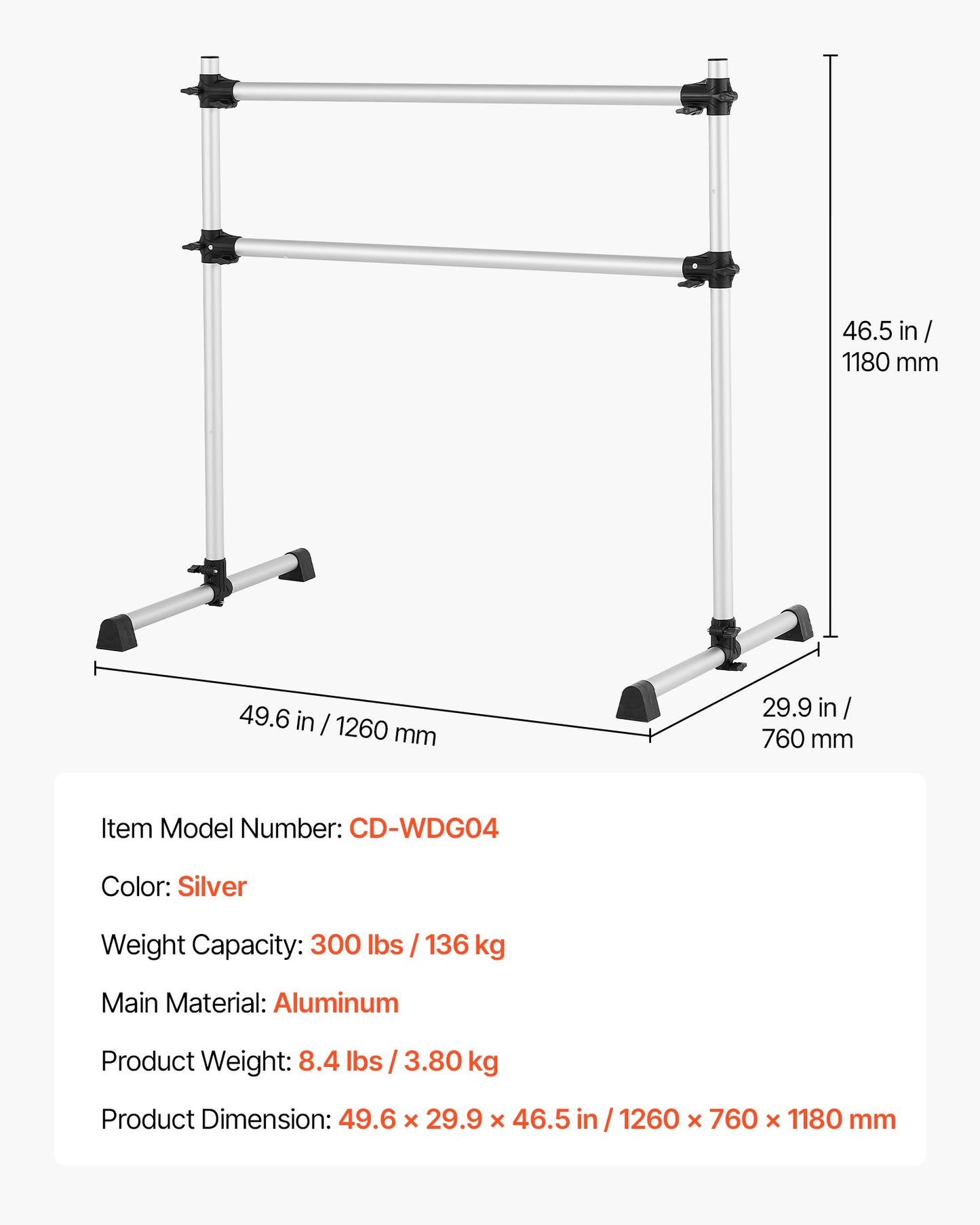 Balettstång, dubbelstång i aluminium för hemmabruk, fristående bärbara balettstretchstänger för dans, höjdjusterbar anti-wobble fitnessstudioutrustning, för pilates balansträning