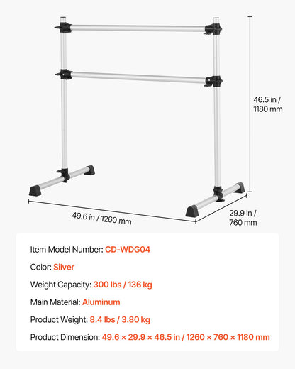 Balettstång, dubbelstång i aluminium för hemmabruk, fristående bärbara balettstretchstänger för dans, höjdjusterbar anti-wobble fitnessstudioutrustning, för pilates balansträning