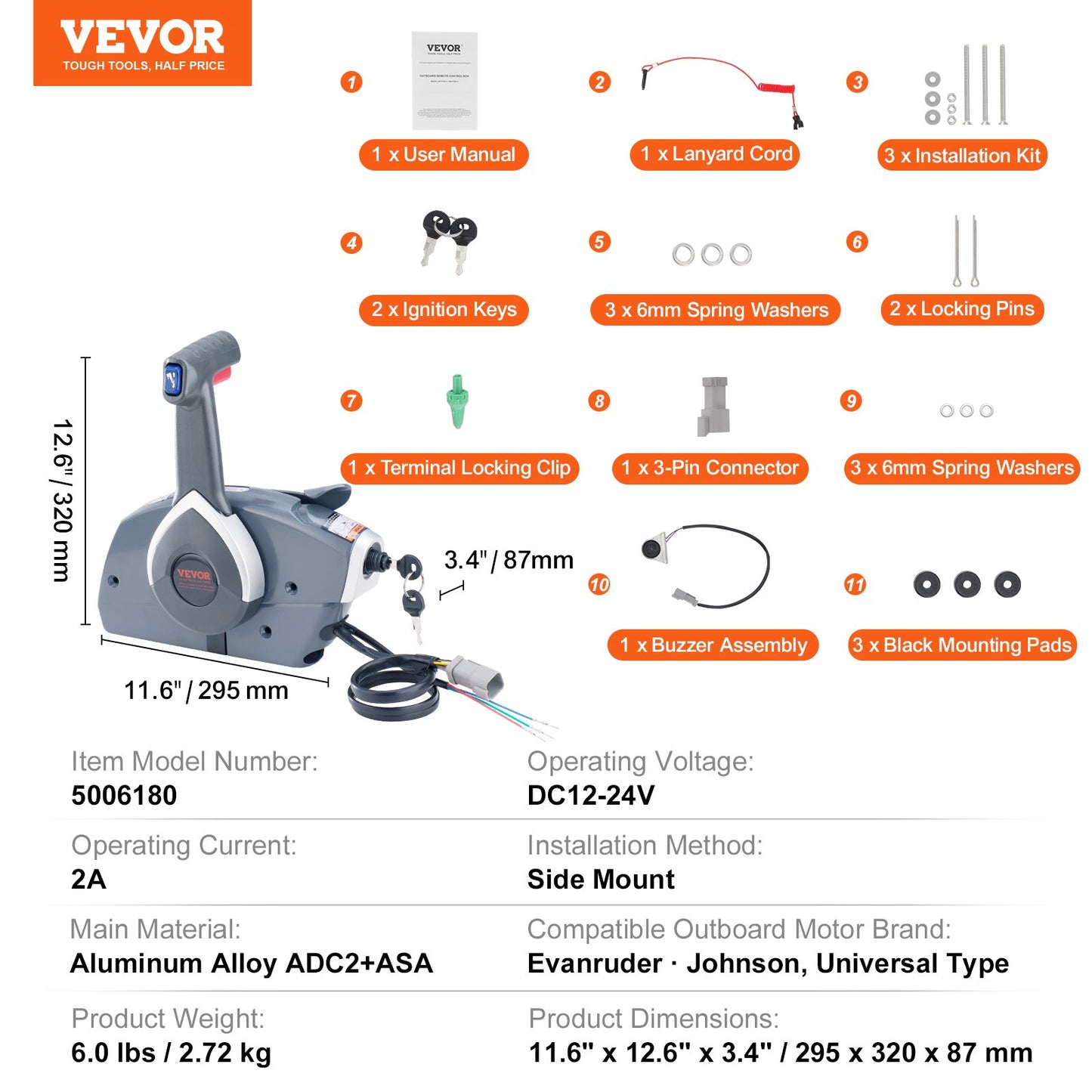 Gasreglage för båt, 5006180 sidomonterad fjärrkontrollbox för utombordare för Evinrude Johnson, marin gasreglagebox med Power Trim-brytare och rep