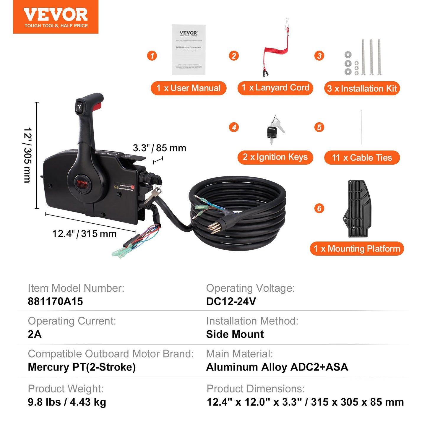 Boat Throttle Control, 881170A15 Side-Mounted Outboard Remote Control Box for Mercury PT 2-Stroke, Marine Throttle Control Box with Power Trim Switch, 16.3 ft Harness 8+4 Pin, and Lanyard