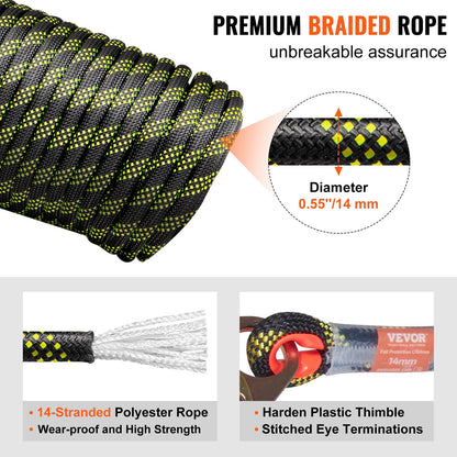 Vertical Lifeline, 150ft (45.7m) Outdoor Climbing Rope 30KN Breaking Tension, Static Rock Climbing Rope with Steel Snap Hooks and Rope Grap, for Escape, Outdoor Adventures, and Lumbering, Black & Yellow