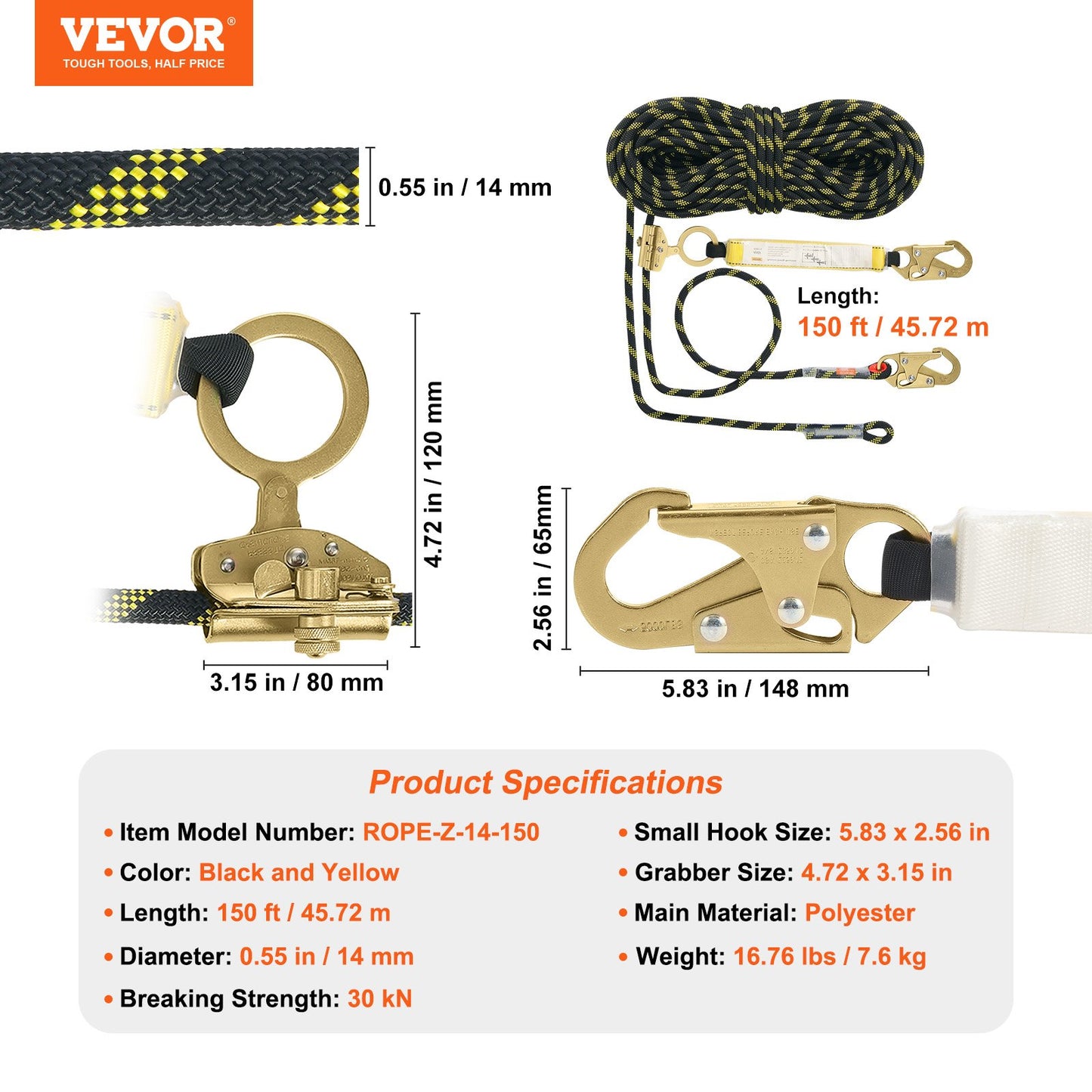 Vertical Lifeline, 150ft (45.7m) Outdoor Climbing Rope 30KN Breaking Tension, Static Rock Climbing Rope with Steel Snap Hooks and Rope Grap, for Escape, Outdoor Adventures, and Lumbering, Black & Yellow