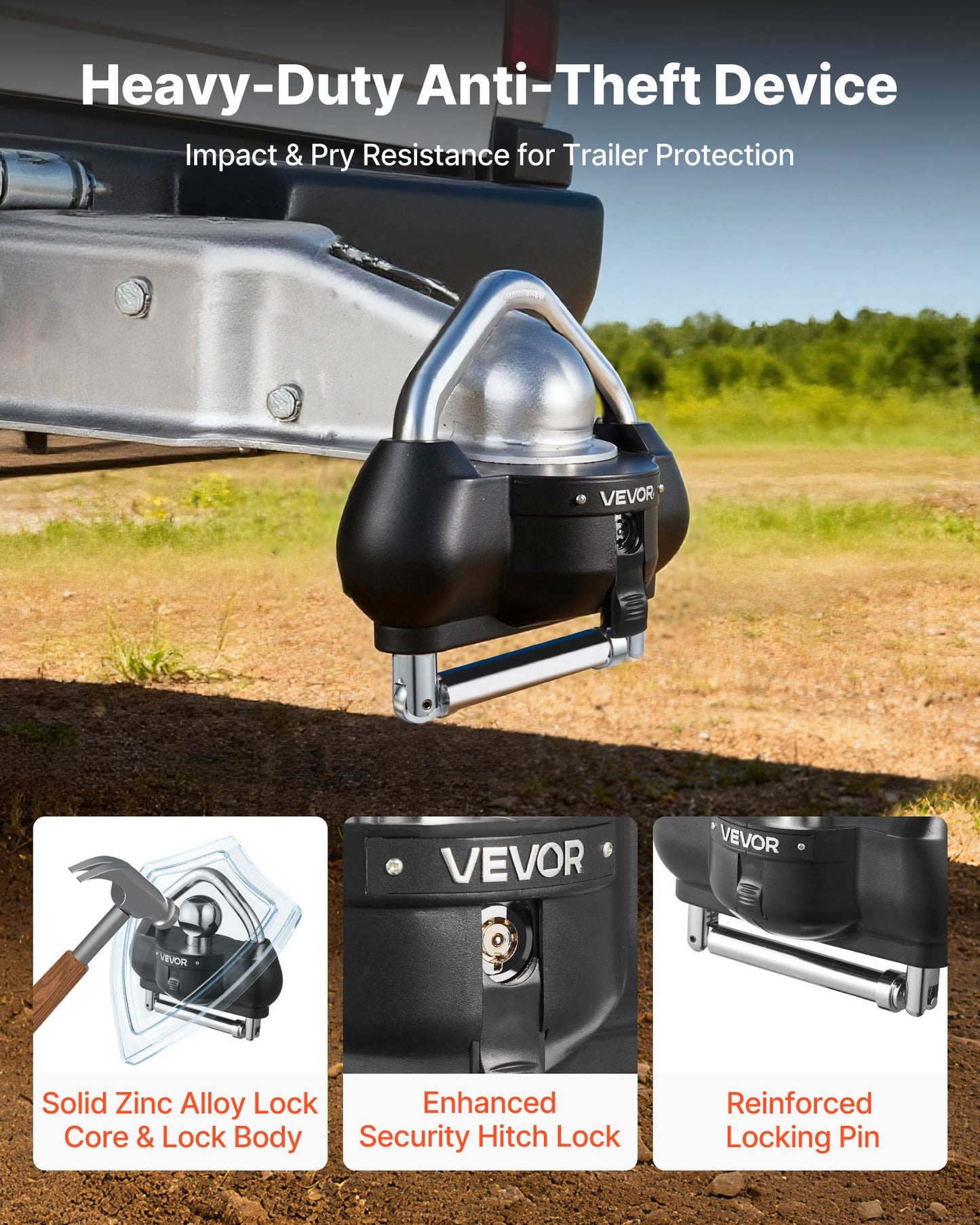 Dragkrokslås, Passar för 46 mm, 50,8 mm, 58,7 mm kopplingar, Kraftigt stöldskyddat släpvagnskullås med 3 nycklar, Bryksäker, Justerbar höjddesign för husbilar, båtar, släpvagnar, Svart