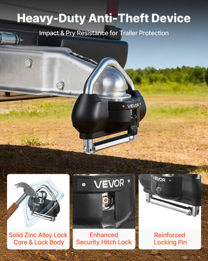 Dragkrokslås, Passar för 46 mm, 50,8 mm, 58,7 mm kopplingar, Kraftigt stöldskyddat släpvagnskullås med 3 nycklar, Bryksäker, Justerbar höjddesign för husbilar, båtar, släpvagnar, Svart