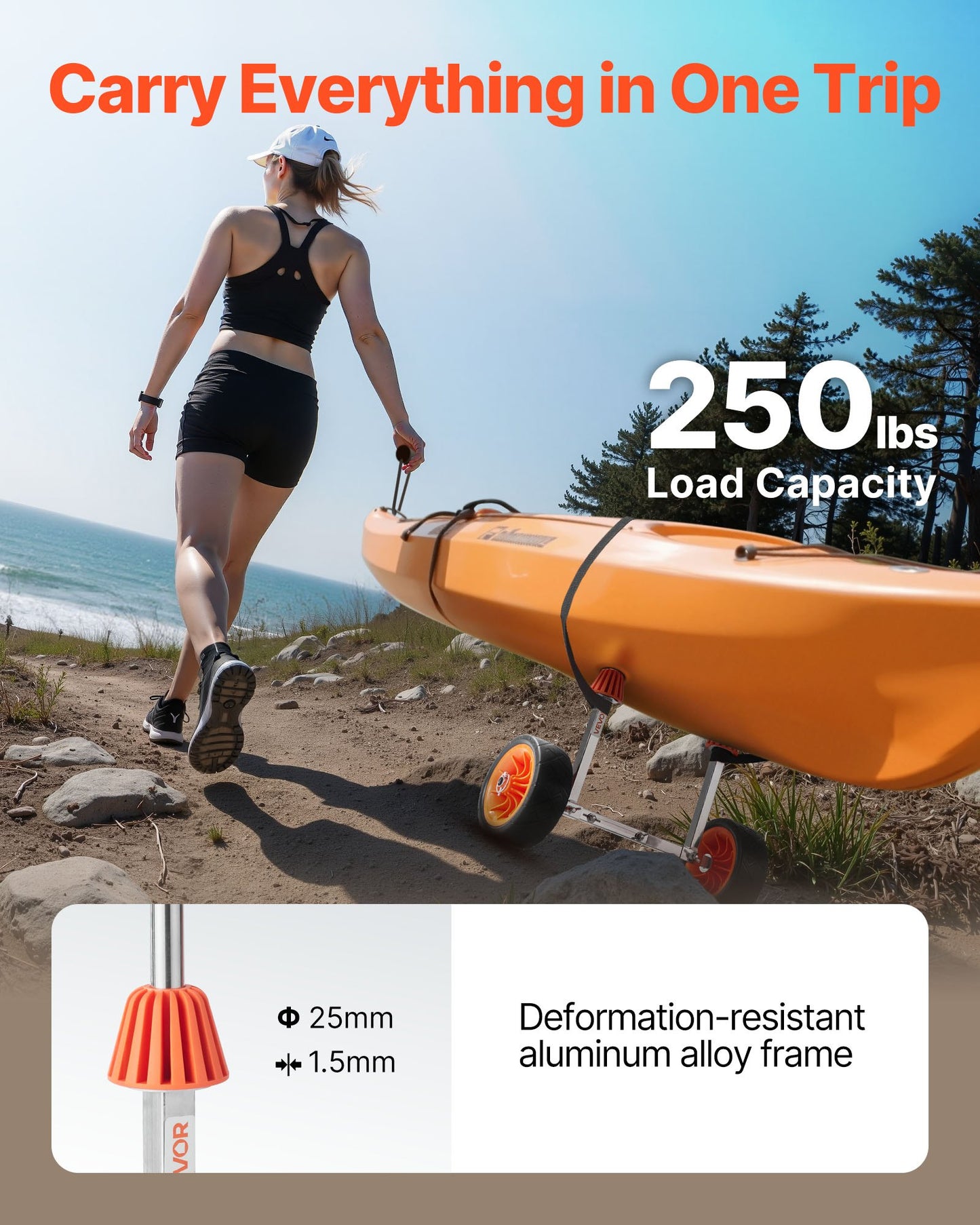 Kajakvagn, 113,4 kg lastkapacitet, kanotvagn med 19,1 cm massiva gummidäck och stöd, monteras och demonteras inom några sekunder, paddelbrädevagn för kajaker, kanoter, paddelbrädor