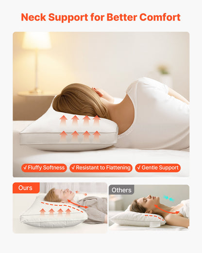 Sängkuddar för att sova, set om 2, queen size lyxiga kvalitetshotellkuddar med original dunfyllning, stödjande och fluffiga, sängkläder för rygg-, mag- och sidosovere, vit