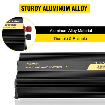 Ren sinusvågsväxelriktare 2500W strömförsörjare DC 12V AC 230V, bilväxelriktare USB-port LCD-skärm fjärrkontroll, säkerhetsskydd, strömomvandlare för husbilar, lastbilar, båtar och nödsituationer