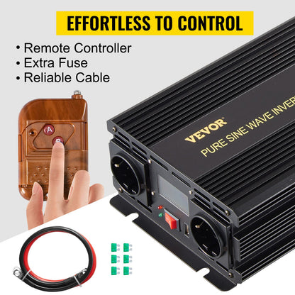 Ren sinusvågsväxelriktare 2500W strömförsörjare DC 12V AC 230V, bilväxelriktare USB-port LCD-skärm fjärrkontroll, säkerhetsskydd, strömomvandlare för husbilar, lastbilar, båtar och nödsituationer