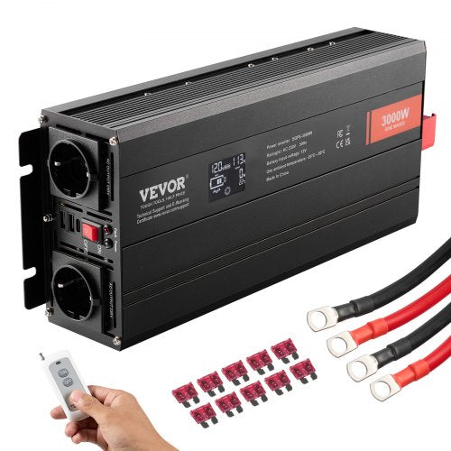 Pure Sine Wave Inverter, 3000 Watt, DC 12V to AC 230V Power Inverter with 2 AC Outlets 2 USB Port 1 Type-C Port, LCD Display and Remote Controller for Large Home Appliances, CE FCC Certified