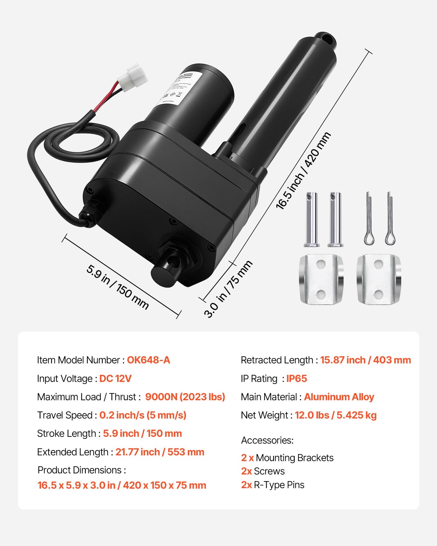 12V linjärt ställdon, 150 mm slaglängd Ultrakraftigt 9000N linjärt ställdon, IP65-klassat 5 mm/s med monteringsfästen för industriella maskiner, fartyg, tunga lyftsystem