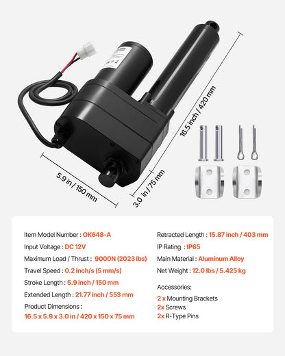 12V linjärt ställdon, 150 mm slaglängd Ultrakraftigt 9000N linjärt ställdon, IP65-klassat 5 mm/s med monteringsfästen för industriella maskiner, fartyg, tunga lyftsystem