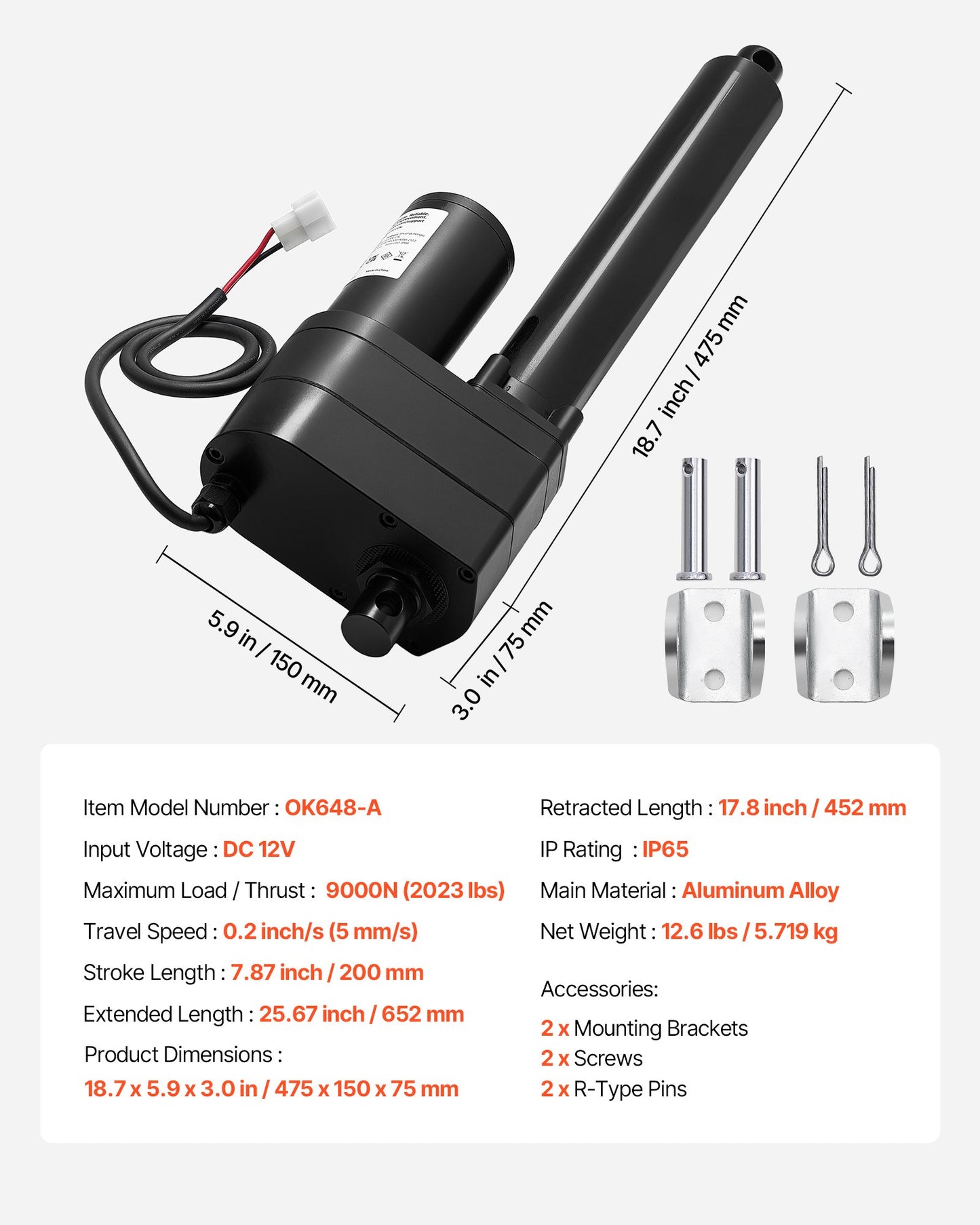 12V linjärt ställdon, 200 mm slaglängd Ultrakraftigt 9000N linjärt ställdon, IP65-klassat 5 mm/s med monteringsfästen för industriella maskiner, fartyg, tunga lyftsystem