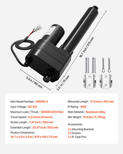 12V linjärt ställdon, 200 mm slaglängd Ultrakraftigt 9000N linjärt ställdon, IP65-klassat 5 mm/s med monteringsfästen för industriella maskiner, fartyg, tunga lyftsystem
