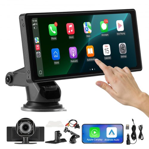 Wireless Car Stereo, 254 mm HD Portable Radio Touch Screen with Apple CarPlay and Android Auto, CarPlay Screen with Front & Backup Cameras, Voice Control, Mirror Link, Bluetooth, GPS Navigation
