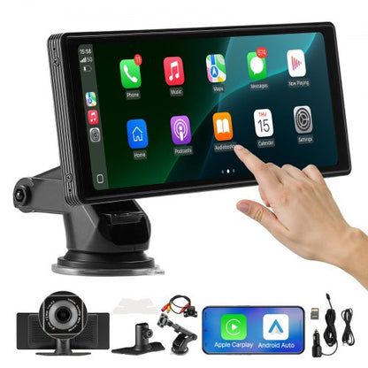Wireless Car Stereo, 254 mm HD Portable Radio Touch Screen with Apple CarPlay and Android Auto, CarPlay Screen with Front & Backup Cameras, Voice Control, Mirror Link, Bluetooth, GPS Navigation