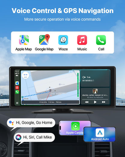 Wireless Car Stereo, 254 mm HD Portable Radio Touch Screen with Apple CarPlay and Android Auto, CarPlay Screen with Front & Backup Cameras, Voice Control, Mirror Link, Bluetooth, GPS Navigation
