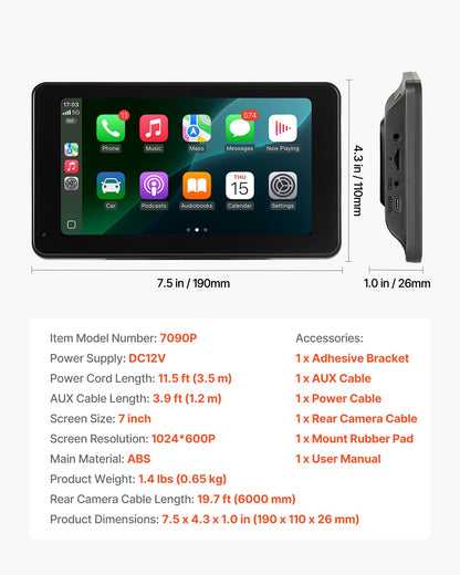 Wireless Car Stereo, 177.8mm HD Portable Radio Touch Screen Compatible with Apple CarPlay & Android Auto, CarPlay Screen with Backup Camera, Voice Control, Mirror Link, Bluetooth, GPS Navigation