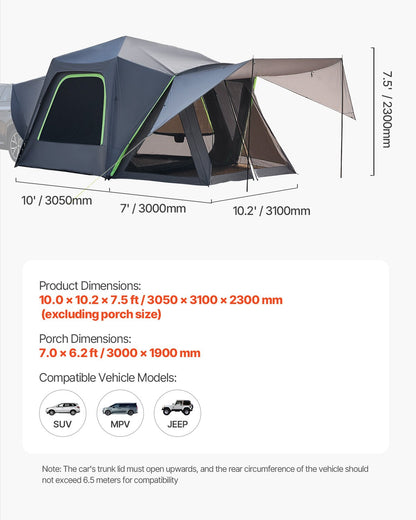SUV Tent for Camping, 10FT L x 10FT W, Waterproof PU2000mm Spacious Double Layer Design for 5-8 Person, SUV Camping Tent with Shade Awning and Mesh Windows, Includes Rainfly and Storage Bag