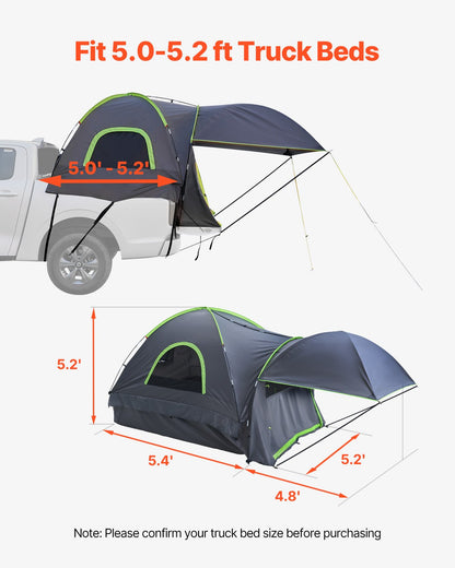 Pickup Truck Tent, Fits 5.0-5.2 ft Truck Tents for Camping, Waterproof PU2000 mm 2-3 Person Sleeping Truck Bed Tent, Sturdy Truck Bed Camper Shell with Expandable Awning, Rainfly, Storage Bag