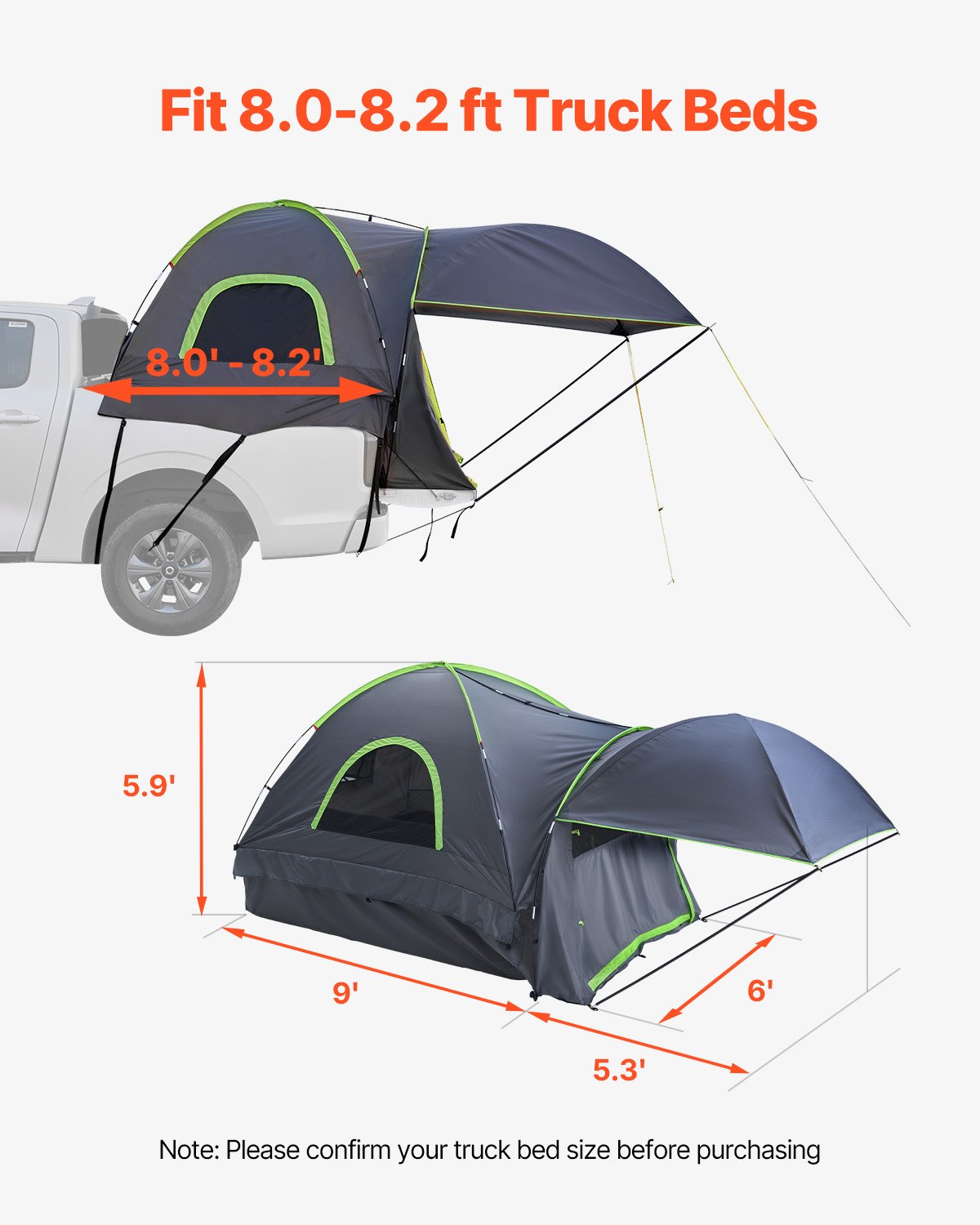 Pickup Truck Tent, Fits 8.0-8.2 ft Truck Tents for Camping, Waterproof PU2000 2-3 Person Sleeping Truck Bed Tent, Sturdy Truck Bed Camper Shell with Expandable Awning, Rainfly, Storage Bag