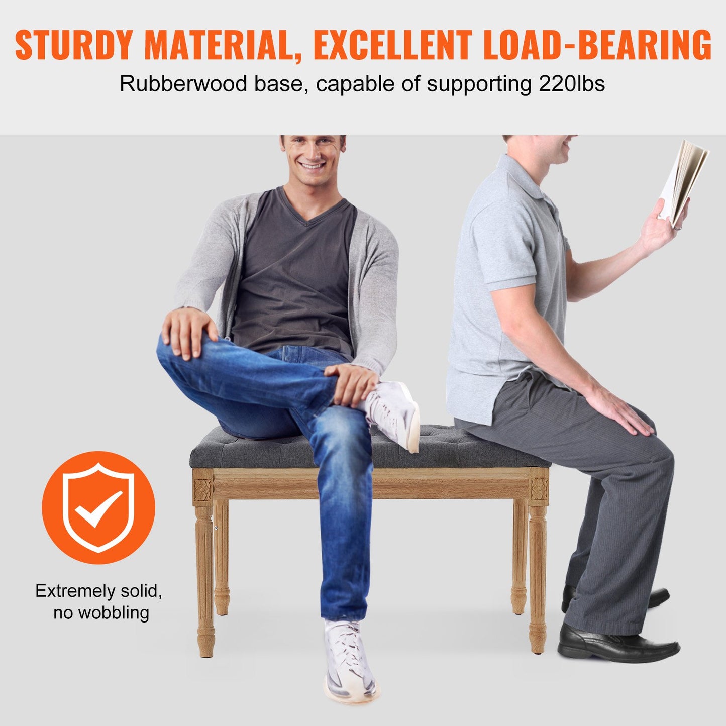 Upholstered Bench, 16"W Ottoman Bench, End of Bed Bench with Foam Padded Cushion and Rubberwood Legs, Tufted Footrest Stool Entryway Bench for Dining Room, Living Room, Bedroom, Hallway, Gray