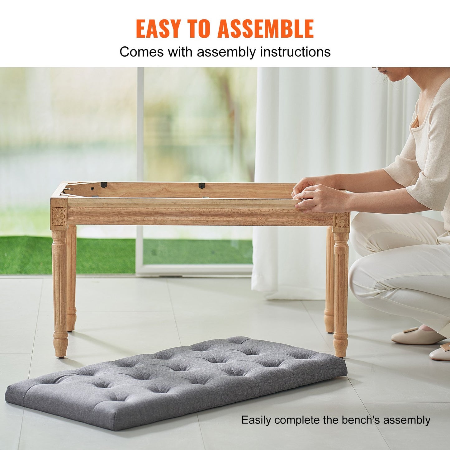 Upholstered Bench, 16"W Ottoman Bench, End of Bed Bench with Foam Padded Cushion and Rubberwood Legs, Tufted Footrest Stool Entryway Bench for Dining Room, Living Room, Bedroom, Hallway, Gray