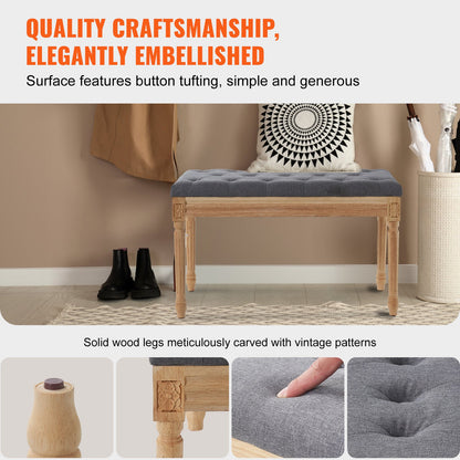 Upholstered Bench, 16"W Ottoman Bench, End of Bed Bench with Foam Padded Cushion and Rubberwood Legs, Tufted Footrest Stool Entryway Bench for Dining Room, Living Room, Bedroom, Hallway, Gray
