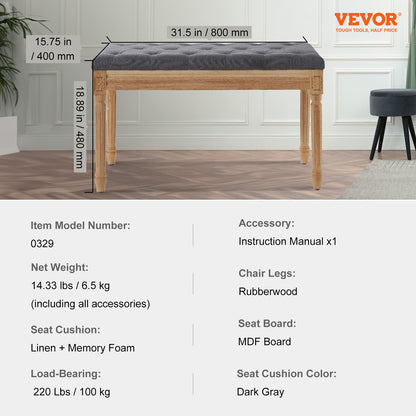 Upholstered Bench, 16"W Ottoman Bench, End of Bed Bench with Foam Padded Cushion and Rubberwood Legs, Tufted Footrest Stool Entryway Bench for Dining Room, Living Room, Bedroom, Hallway, Gray