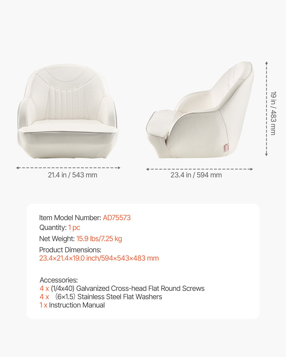Boat Seat, Low Backrest, Boat Seat Captain Bucket Seat with Thickened Sponge Cushion & Waterproof PVC Leather, Ergonomic Design, Suitable for Fishing Boats, Yachts, Ships, White