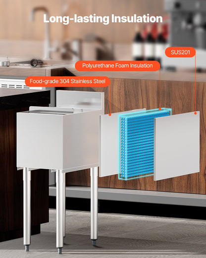 Kommersiell islåda, 28 l islåda under bardisken, 30 x 43 x 93 cm kylbox i rostfritt stål med skjutbart lock, flaskhållare, justerbara kulfötter, kylvagn för cocktails för bar, restaurang, pub