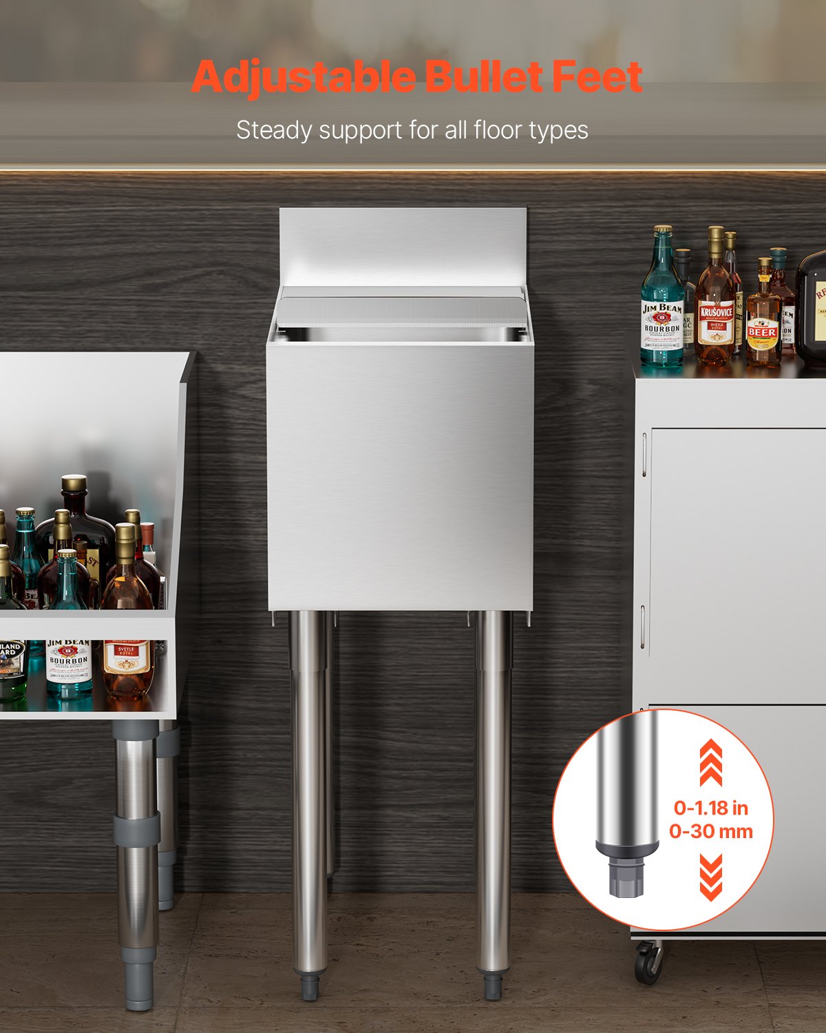 Kommersiell islåda, 28 l islåda under bardisken, 30 x 43 x 93 cm kylbox i rostfritt stål med skjutbart lock, flaskhållare, justerbara kulfötter, kylvagn för cocktails för bar, restaurang, pub