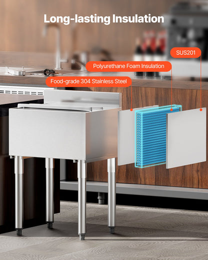 Commercial Ice Bin, 61 L Underbar Ice Bin, 24 x 19 x 37 in Stainless Steel Ice Chest with Sliding Lid, Bottle Holders, Adjustable Bullet Feet, Cooler Cart Cocktail Unit for Bar Restaurant Pub