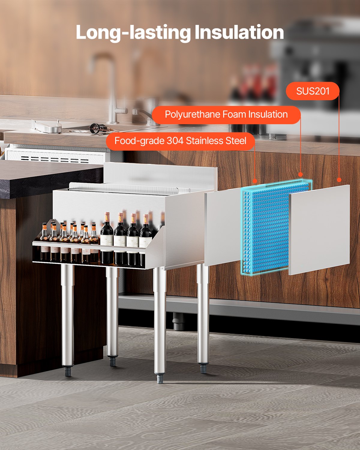 Commercial Ice Bin, 61.6 L Underbar Ice Bin, 24 x 24.2 x 37 in Stainless Steel Ice Chest with Sliding Lid, Bottle Holders, and Adjustable Bullet Feet, Cocktail Unit for Bar, Restaurant & Pub