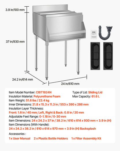 Commercial Ice Bin, 61.6 L Underbar Ice Bin, 24 x 24.2 x 37 in Stainless Steel Ice Chest with Sliding Lid, Bottle Holders, and Adjustable Bullet Feet, Cocktail Unit for Bar, Restaurant & Pub