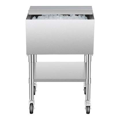 Commercial Ice Bin, 61.6 L Rolling Ice Chest on Wheels, 24 x 19.1 x 36.8 in Stainless Steel Cooler Cart with Sliding Lid, Bottom Storage Tray, Adjustable Bullet Feet, for Bar, Restaurant, Pub