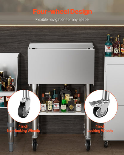 Commercial Ice Bin, 61.6 L Rolling Ice Chest on Wheels, 24 x 19.1 x 36.8 in Stainless Steel Cooler Cart with Sliding Lid, Bottom Storage Tray, Adjustable Bullet Feet, for Bar, Restaurant, Pub