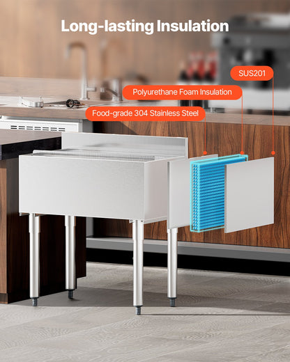 Commercial Ice Bin, 78.4 L Underbar Ice Bin, 30 x 19 x 37 in Stainless Steel Ice Chest with Sliding Lid, Bottle Holders, Adjustable Bullet Feet, Cooler Cart Cocktail Unit for Bar Restaurant Pub