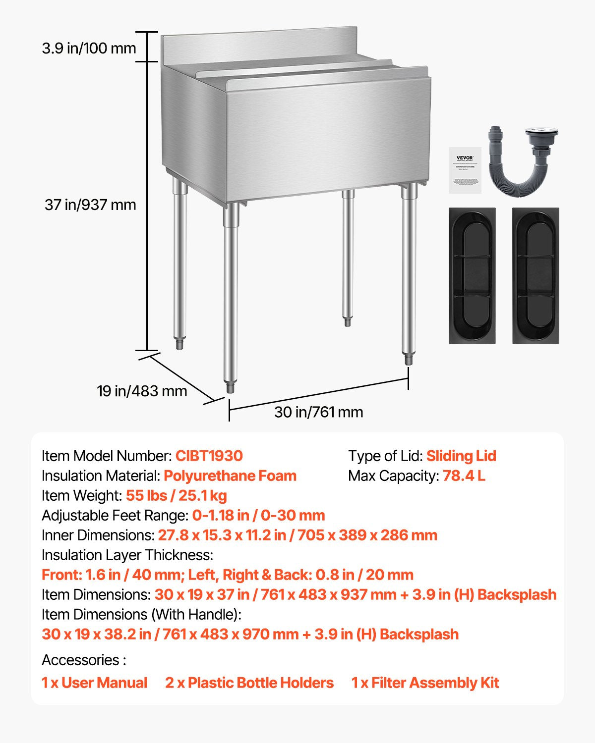 Commercial Ice Bin, 78.4 L Underbar Ice Bin, 30 x 19 x 37 in Stainless Steel Ice Chest with Sliding Lid, Bottle Holders, Adjustable Bullet Feet, Cooler Cart Cocktail Unit for Bar Restaurant Pub