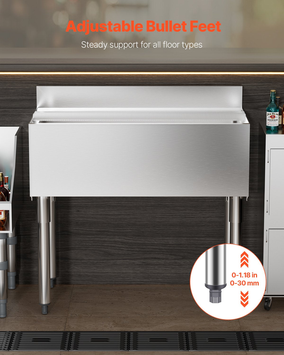 Kommersiell islåda, 95,3 l islåda under bardisken, 35,9 x 19 x 37 tum kylbox i rostfritt stål med skjutbart lock, flaskhållare och justerbara kulfötter, cocktailenhet för barer, restauranger, pubar