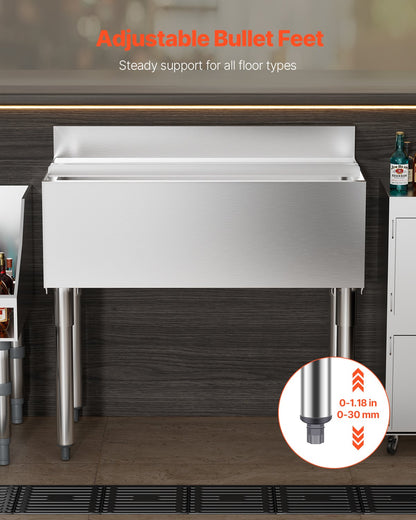Kommersiell islåda, 95,3 l islåda under bardisken, 35,9 x 19 x 37 tum kylbox i rostfritt stål med skjutbart lock, flaskhållare och justerbara kulfötter, cocktailenhet för barer, restauranger, pubar