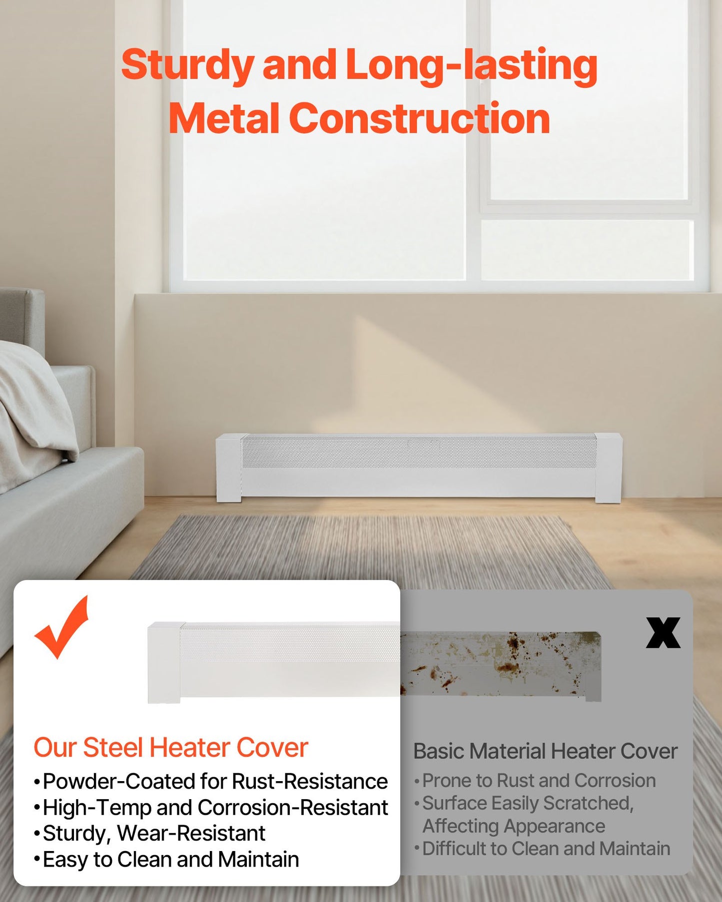 Värmekåpor till golvlister, Basic-serien 1211 mm standardfrontkåpa för elektrisk värmeenhet för hemförbättring, kraftigt stål, enkel installation för sovrum, byter ut gammalt kåpa, vit