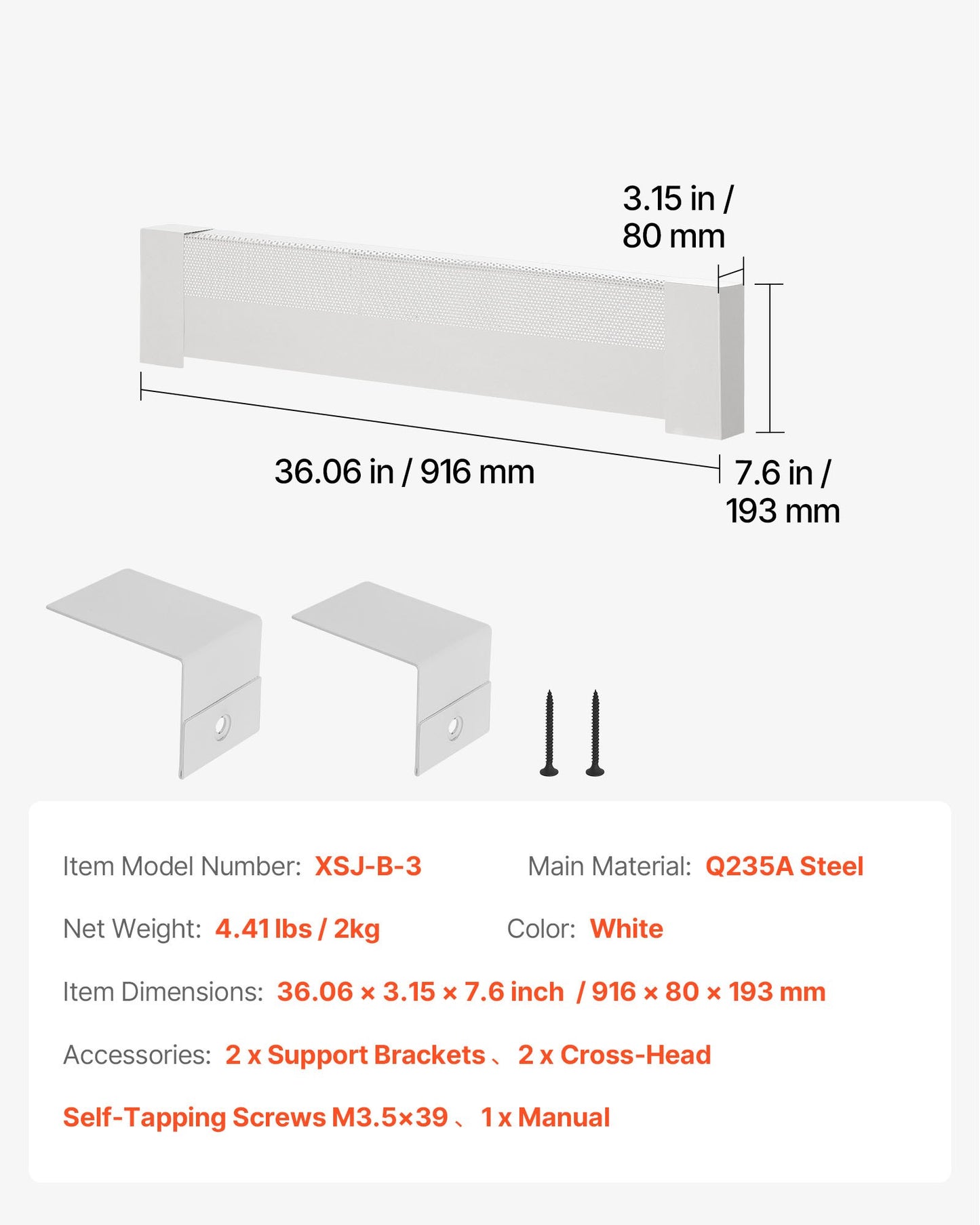 Värmekåpor till golvlister, Basic-serien 916 mm standard elektrisk värmeenhetsfrontkåpa för hemförbättring, kraftigt stål, enkel installation för sovrum, byter ut gammalt kåpa, vit