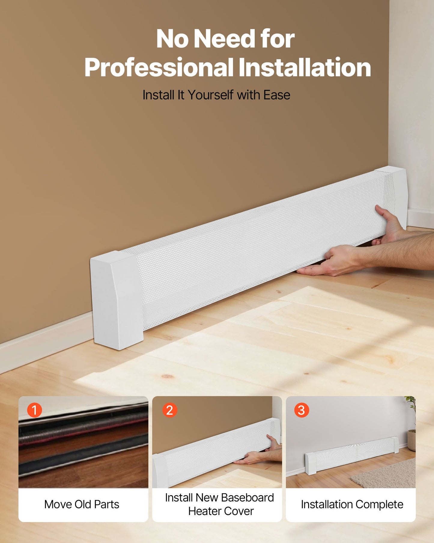 Värmekåpor till golvlister, Premium-serien 1222 mm standardfrontkåpa för elektrisk värmeenhet för hemförbättring, kraftigt stål, enkel installation för sovrum, byter ut gammalt kåpa, vit