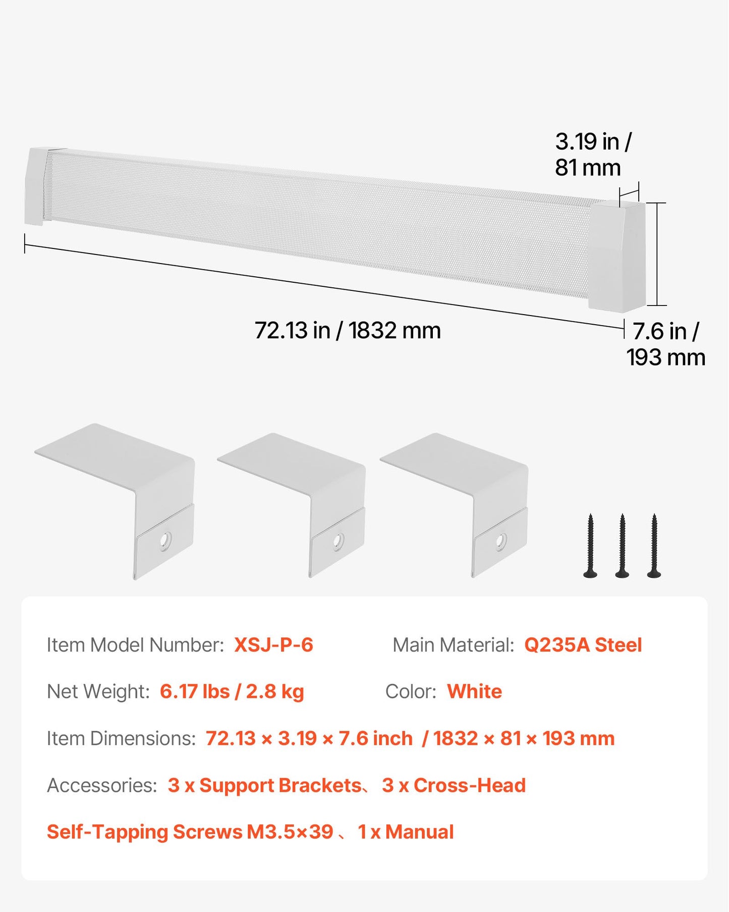 Värmekåpor till golvlister, Premium-serien 1832 mm standardfrontkåpa för elektrisk värmeenhet för hemförbättring, kraftigt stål, enkel installation för sovrum, byter ut gammalt kåpa, vit