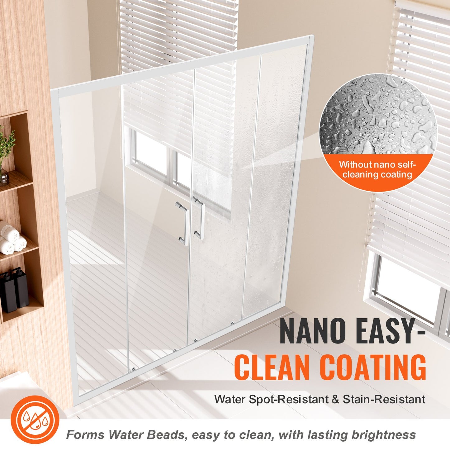 Semi-frameless Shower Door, 57.8-59" W x 70" H, Double Sliding Glass Door with 1/4"(6mm) Clear Tempered Glass, Waterproof Shatterproof NANO Stain-Resistant with Stainless Steel Hardware, Chrome