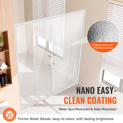 Semi-frameless Shower Door, 57.8-59" W x 70" H, Double Sliding Glass Door with 1/4"(6mm) Clear Tempered Glass, Waterproof Shatterproof NANO Stain-Resistant with Stainless Steel Hardware, Chrome